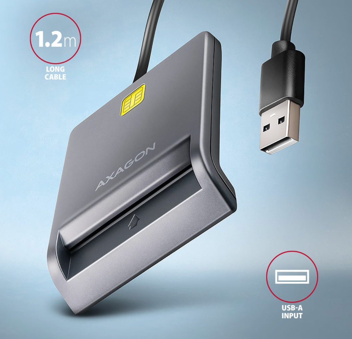 USB card reader with a USB cable on a light blue background, featuring the brand 'AXAGON'.